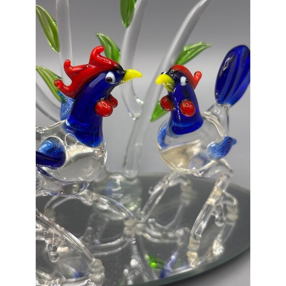Hand Blown Glass Rooster Figurines Mirror Base Colorful Display‎ - Picture 6 of 9